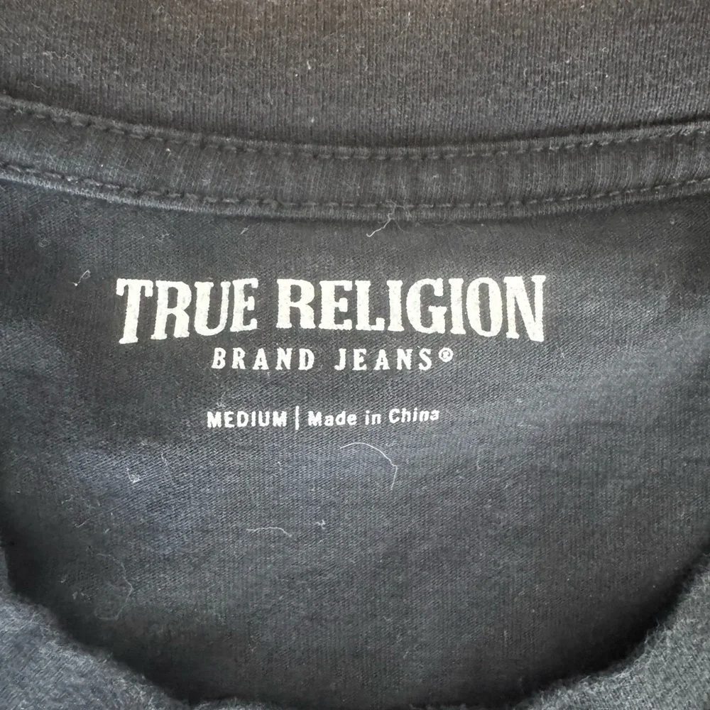 True Religion Brand Jeans Black Orange Horseshoe Logo Graphic T-Shirt Medium